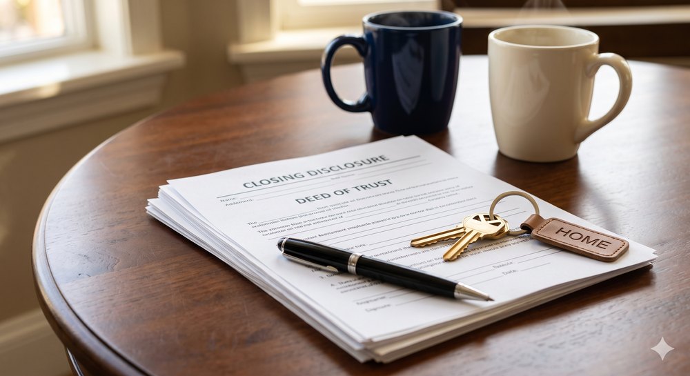 A real estate closing disclosure with house keys and a pen on a closing table